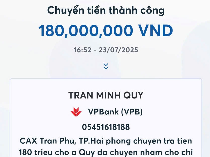 Công an xã Trần Phú: Chuyển trả số tiền 180 triệu đồng cho người chuyển nhầm
